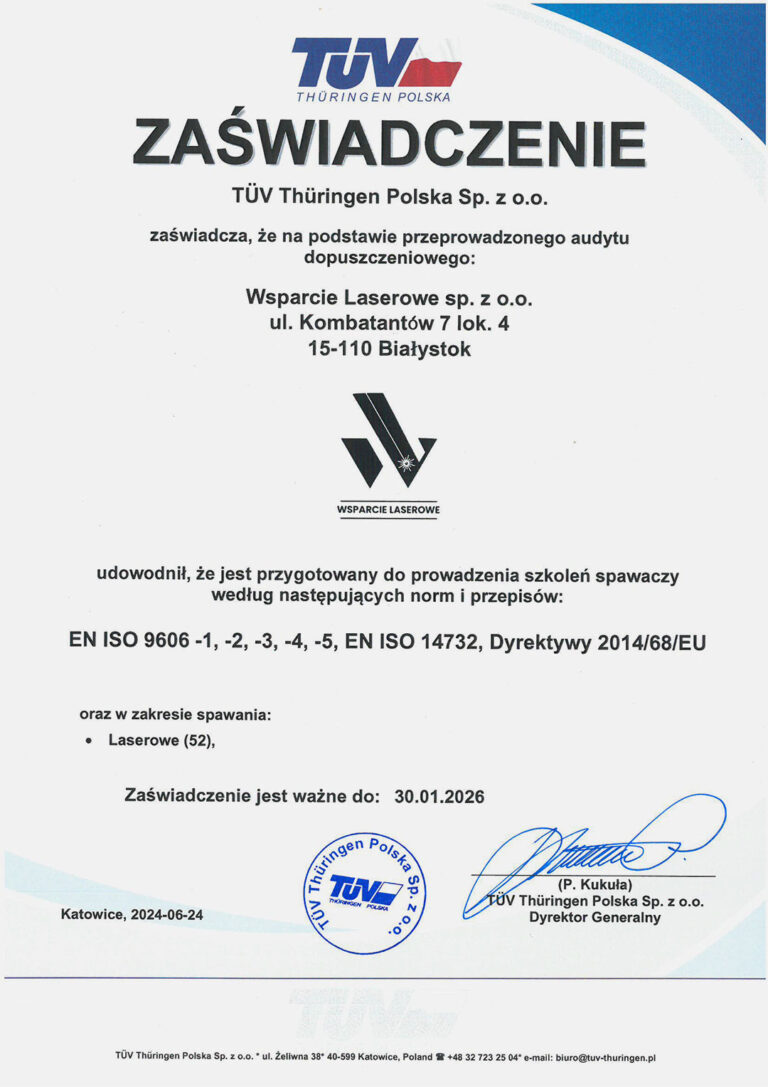 Zaświadczenie o statusie akredytowanego ośrodka szkoleniowego z uprawnieniami do organizacji kursów i egzaminów zgodnie z normą PN-EN ISO 9606 Wsparcie Laserowe Białystok