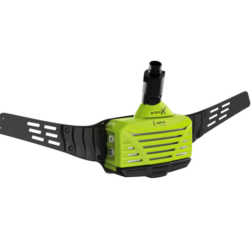 Zielony aparat nadmuchowy Optrel e3000X z widocznym filtrem TH3P i panelem kontrolnym, zapewniający ochronę dróg oddechowych.