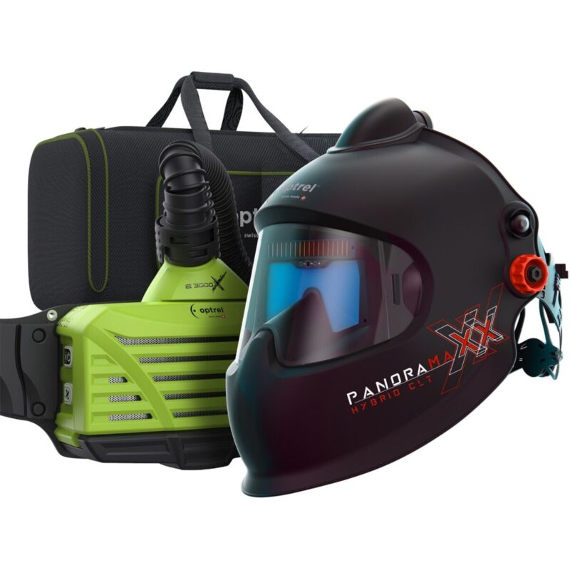 Profesjonalny zestaw spawalniczy: aparat nadmuchowy Optrel e3000X połączony z przyłbicą laserową Panoramaxx Hybrid CLT na białym tle. Wsparcie Laserowe Białystok