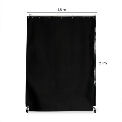 Czarna kurtyna ochronna do spawania laserowego o wymiarach 1,5 na 2,1 metra zamontowana na stelażu.